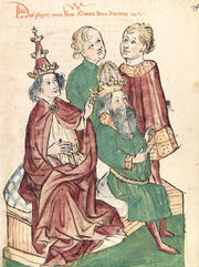 Textfeld:    Otto III wird von Papst Gregor V. zum Kaiser gesalbt (Phantasiedarstellung um 1450 )        